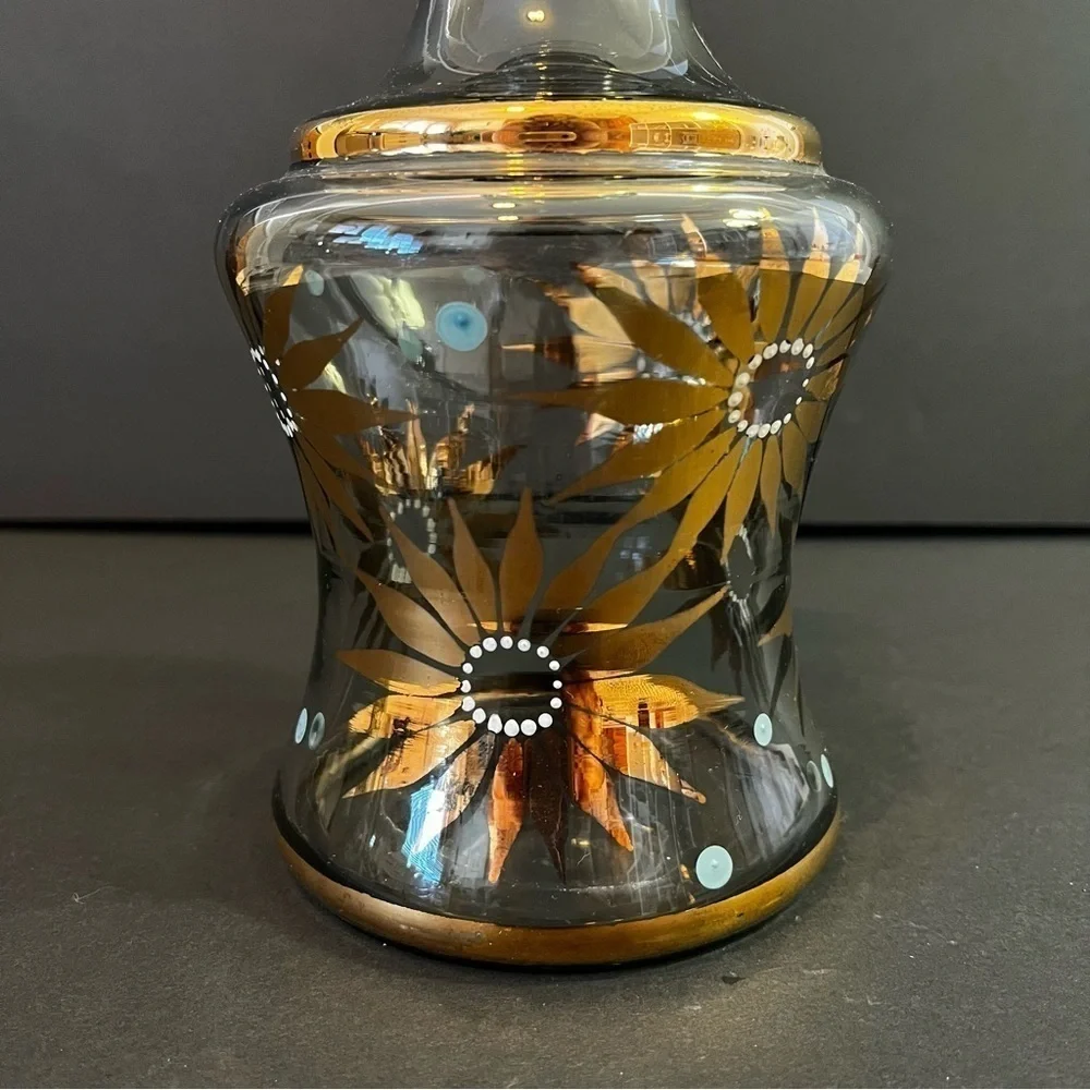 Floral Gold Gilt Glass Wine Liquor Decanter Mid Century Mad Men Bar Cart Painted